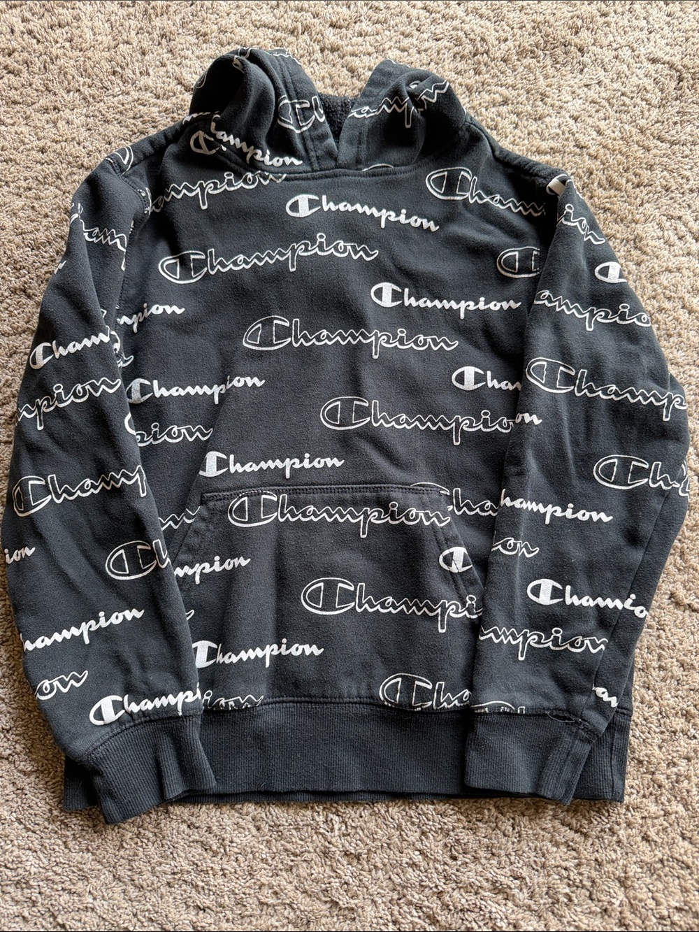 Champion Black Crewneck Hoodie with Allover White Logos